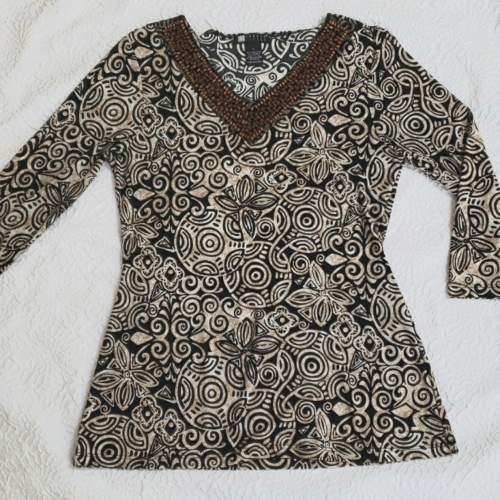 Carole Little Wood Beaded V Neck Tunic Top Boho Aztec Design Size: M